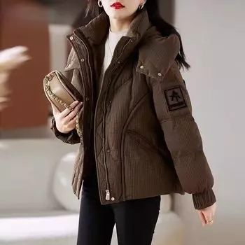 Женские осенние и зимние куртки однотонные с капюшоном толстые свободные ветрозащитные короткие женские куртки M чёрный