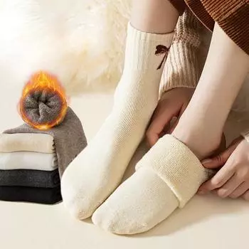 Женские осенние и зимние носки средней длины женские плюшевые толстые теплые махровые дезодорирующие носки с бантом женские носки носки-тапочки one size чёрный