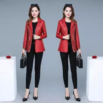 Женские осенние и зимние пальто больших размеров Короткие кожаные куртки Женские воротники костюма Slim Fit Кожаные куртки из искусственной кожи Женские кожаные куртки XXXXL красный
