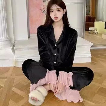 Женские осенние и зимние пижамы, роскошные бархатные пижамы, топы и штаны с оборками, комплект из 2 предметов, домашняя одежда с бархатным леопардовым принтом M розовый