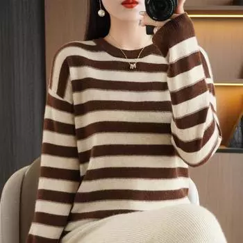 Женские осенние и зимние полосатые базовые слои, свитера, трикотаж, теплые круглые вырезы, повседневные и универсальные M чёрный