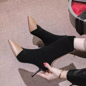Женские осенние и зимние сапоги-носки на высоком каблуке с острым носком, новинка 2023, эластичные узкие ботинки до середины икры, короткие женские сапоги 34 чёрный