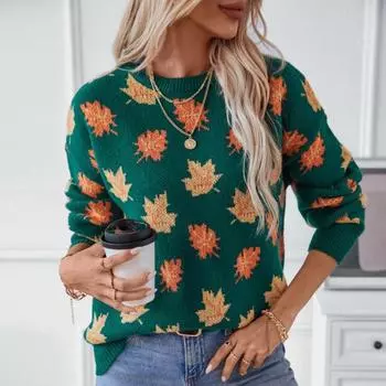Женские осенние и зимние свитера с узором «Кленовый лист» Повседневная трикотажная рубашка-пуловер S чёрный