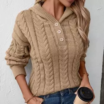 Женские осенние и зимние свитера, свободный трикотажный свитер, повседневный свитер с капюшоном S хаки