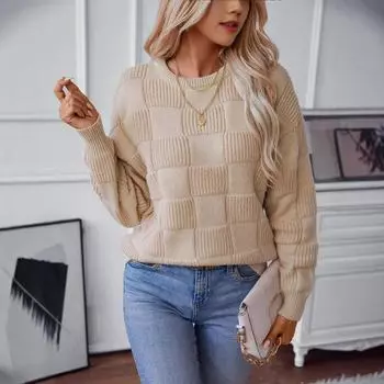 Женские осенние и зимние свитера, свободный вязаный свитер с круглым вырезом, повседневный свитер-пуловер XL бежевый