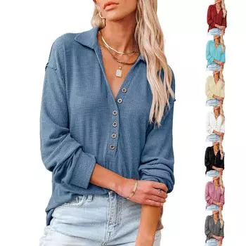 Женские осенние и зимние свободные футболки с длинным рукавом и V-образным вырезом на пуговицах женские пуловеры S чёрный