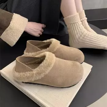 Женские осенние и зимние теплые пушистые туфли женские уличные туфли на флисовой подкладке плоские туфли из хлопка без застежек 35