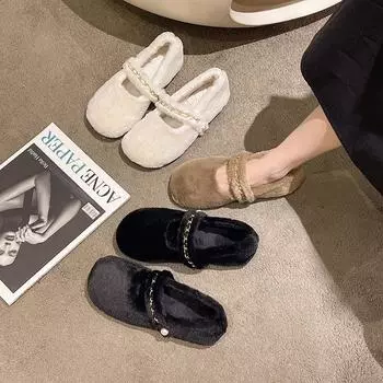 Женские осенние и зимние теплые пушистые туфли с цепочкой, уличные туфли в корейском стиле с одним ремешком, мокасины на плоской подошве с низким верхом 35