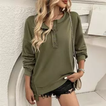 Женские осенние и зимние топы — это свободные повседневные однотонные толстовки с длинными рукавами на пуговицах S зелёный