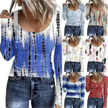 Женские осенние и зимние топы, модные женские свободные футболки, повседневные топы с длинными рукавами и пуговицами с принтом XL красный