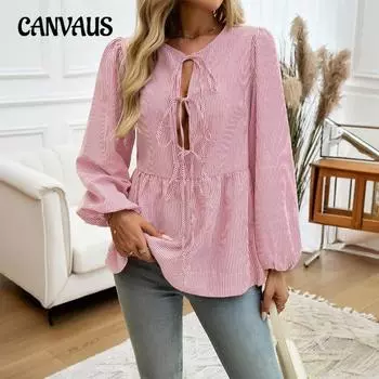 Женские осенние и зимние топы, повседневная свободная полосатая рубашка с рукавами-фонариками и завязкой S светло-синий