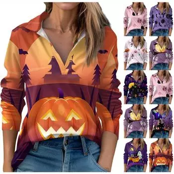 Женские осенние и зимние топы с v-образным вырезом, повседневные модные топы с принтом на Хэллоуин, футболка XL