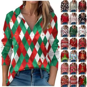 Женские осенние и зимние топы с V-образным вырезом и рождественским принтом, повседневные модные топы, футболки L зелёный