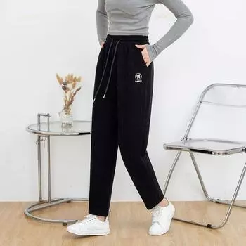Женские осенние кашемировые повседневные свободные длинные брюки с эластичным поясом, утягивающие универсальные удобные вельветовые прямые брюки 2XL чёрный