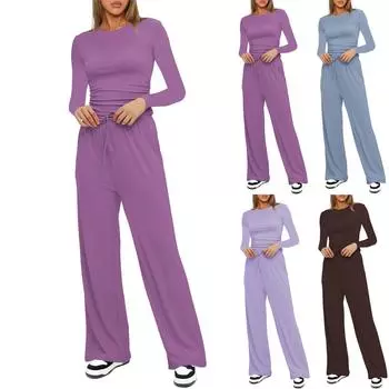 Женские осенние комплекты из двух частей: топы с длинными рукавами, футболки, широкие брюки, комплекты L кофейный