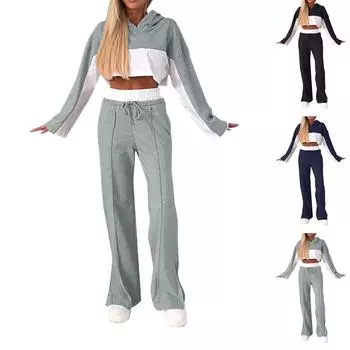 Женские осенние комплекты из двух частей: топы с длинными рукавами, футболки, широкие брюки, комплекты M чёрный