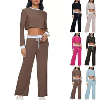 Женские осенние комплекты из двух частей: топы с длинными рукавами, футболки, широкие брюки, комплекты XL