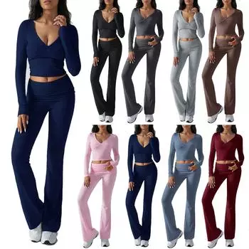 Женские осенние комплекты из двух частей: топы с длинными рукавами, футболки, широкие брюки, комплекты L чёрный