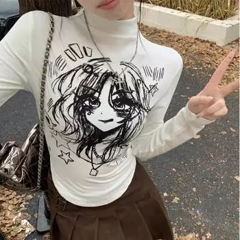 Женские осенние корейские футболки с длинным рукавом, повседневные полуводолазки, тонкие футболки Harajuku Y2k, винтажные футболки с мультяшным принтом Femme S белый