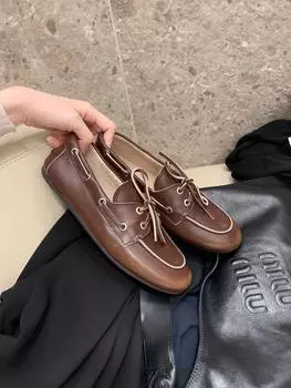 Женские осенние кожаные туфли на шнуровке из овчины на мягкой подошве, ленивые маленькие кожаные туфли на плоской подошве 35