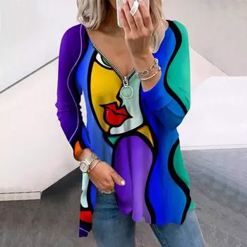 Женские осенние красочные красивые футболки с длинным рукавом с принтом лица, свободные футболки больших размеров с V-образным вырезом, удобные блузки XS фиолетовый