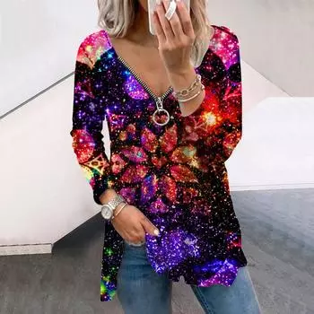 Женские осенние красочные креативные футболки с длинным рукавом с цветочным принтом, свободные футболки больших размеров с V-образным вырезом, удобные блузки XS розовый