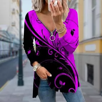 Женские осенние креативные дизайнерские футболки с длинным рукавом с принтом, свободные футболки с V-образным вырезом больших размеров, удобные блузки XS фиолетовый