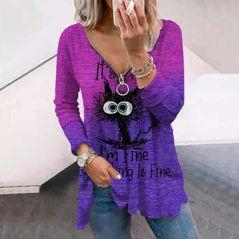 Женские осенние креативные футболки с длинным рукавом и принтом Catletter, свободные футболки больших размеров с V-образным вырезом, удобные блузки XS фиолетовый