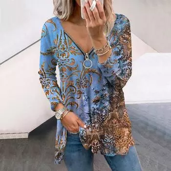 Женские осенние креативные ретро-футболки с длинным рукавом и принтом, свободные футболки с V-образным вырезом больших размеров, удобные блузки XS фиолетовый