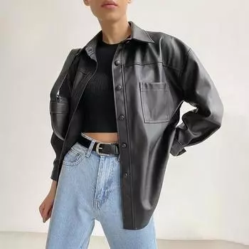 Женские осенние куртки из искусственной кожи с длинными рукавами, верхняя одежда с лацканами, повседневные уличные рубашки, модные черные топы из искусственной кожи L чёрный