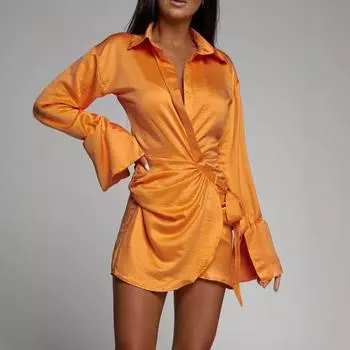 Женские осенние модные однотонные платья-рубашки с длинным рукавом и v-образным вырезом S хаки