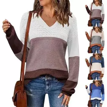 Женские осенние модные свитера с V-образным вырезом, ребристый трикотаж, легкий повседневный свитер с длинным рукавом, вязаный крючком, свитер, топ L синий