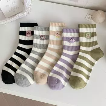 Женские осенние носки средней длины с милой вышивкой в виде мультфильма, универсальный стиль, плотный полосатый хлопок One Size серый