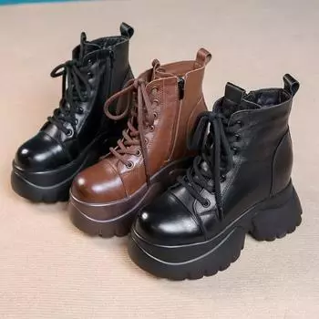 Женские осенние новые ботинки на платформе с круглым носком и квадратным каблуком, повседневные ботинки для женщин, женские модные ботильоны со шнуровкой спереди 35