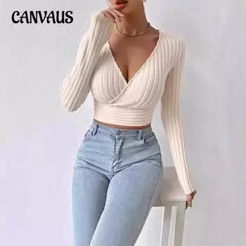 Женские осенние новые короткие пикантные с глубоким V-образным вырезом, узкие, сексуальные, с длинными рукавами, вязаные модели S абрикосовый