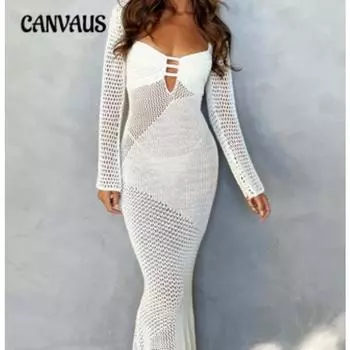 Женские осенние новые полые трикотажные платья с длинными рукавами и глубоким вырезом, сексуальные платья с открытой спиной S белый
