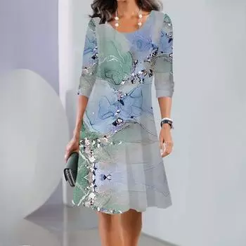 Женские осенние новые принтованные платья миди с длинным рукавом и круглым вырезом S
