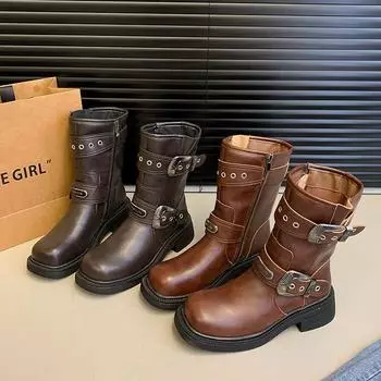 Женские осенние новые уличные женские ковбойские сапоги в стиле вестерн с боковой молнией и пряжкой на ремне Мотоциклетные сапоги 35