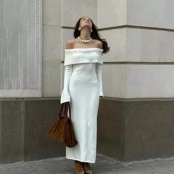 Женские осенние облегающие платья макси с длинным рукавом, сексуальное облегающее коктейльное платье с рюшами на шее, трикотажное платье L белый