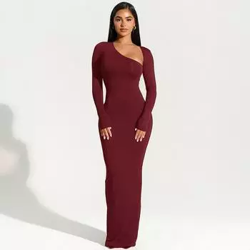 Женские осенние облегающие платья макси с длинным рукавом, сексуальное облегающее коктейльное платье для вечеринки XS вино красного