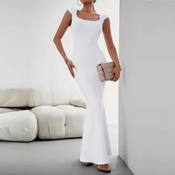 Женские осенние облегающие сексуальные вязаные однотонные длинные платья с квадратным вырезом, тонкие рыбий хвост S чёрный