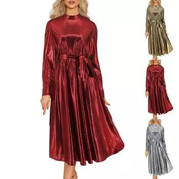 Женские осенние облегающие вечерние платья с длинным рукавом и круглым вырезом L золотой