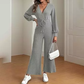 Женские осенние однотонные фактурные брюки Sense of One Piece с V-образным вырезом и шнуровкой, облегающие прямые брюки, повседневный трикотажный комбинезон S серый