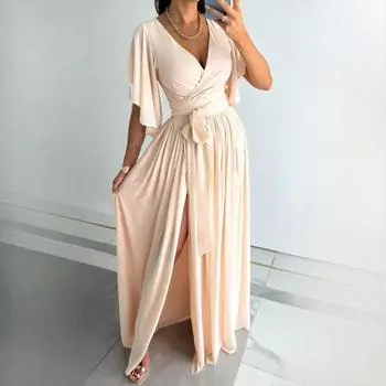 Женские осенние однотонные платья с расклешенными рукавами, свободным V-образным вырезом, длиной до пола S красный