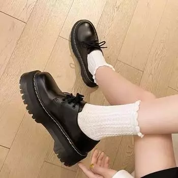 Женские осенние однотонные туфли-муффины из искусственной кожи со шнуровкой спереди 40 чёрный