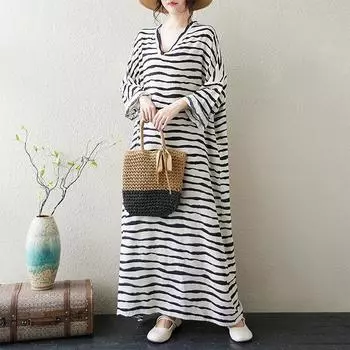 Женские осенние платья с цветочным принтом, большие размеры, длинный рукав, свободное хлопковое льняное тонкое длинное платье с V-образным вырезом, халат one size