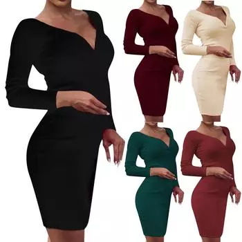 Женские осенние платья с длинным рукавом с цветочным принтом / однотонное элегантное макси-черное платье L винный