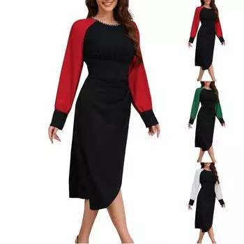 Женские осенние платья с длинным рукавом и круглым вырезом Lrregular с контрастными цветами L зелёный