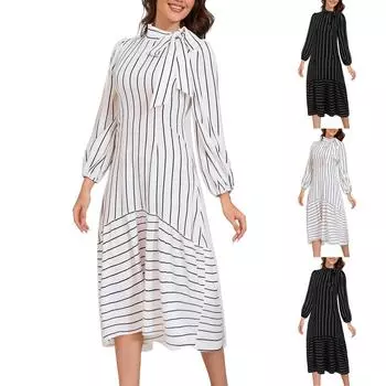 Женские осенние платья с длинными рукавами и полосками L чёрный