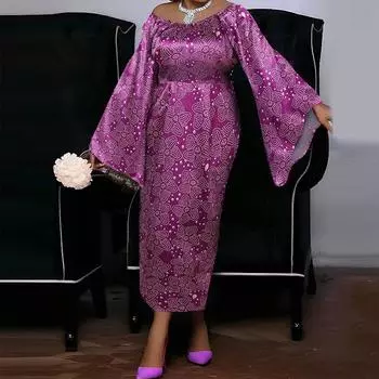 Женские осенние платья с открытыми плечами, расклешенные, с длинными рукавами и цветочным принтом S фиолетовый